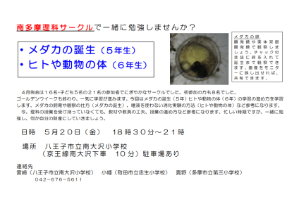 南多摩理科サークル勉強会　「めだかの誕生」（5年生） 「ヒトや動物の体」（6年生）