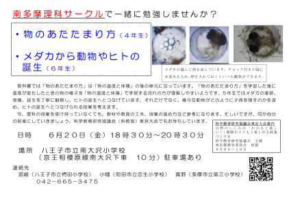 南多摩理科サークル勉強会　「物のあたたまり方」(4年生)「メダカから動物やヒトの誕生」(6年生)
