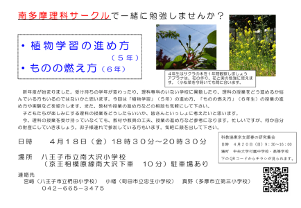 南多摩理科サークル勉強会　「植物学習の進め方」（5年生）「ものの燃え方」（6年生）